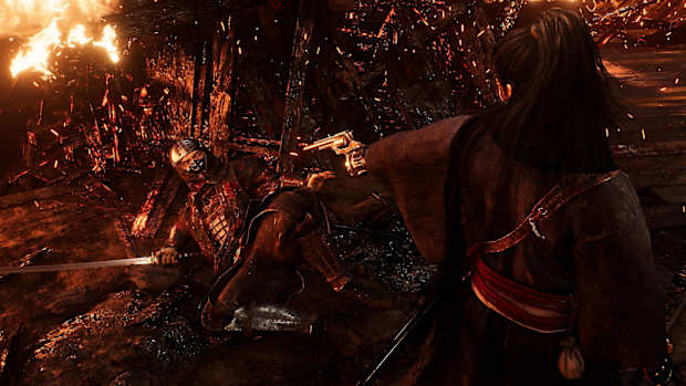 Rise of the Ronin screenshot showing a samurai pointing a revolver at another samurai on the ground.